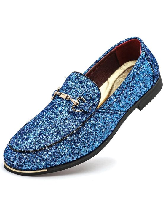 Men\'s Blue Rubber Velvet Leather Glitter With Gold Buckle Loafers Slip On Shoes main image 6